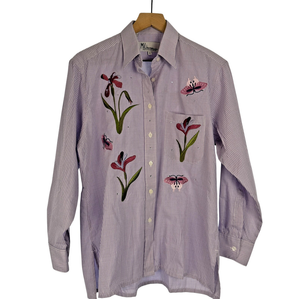 MILI DESIGNS Embroidered Blouse Top Womens Purple S Gingham Check Butterflies